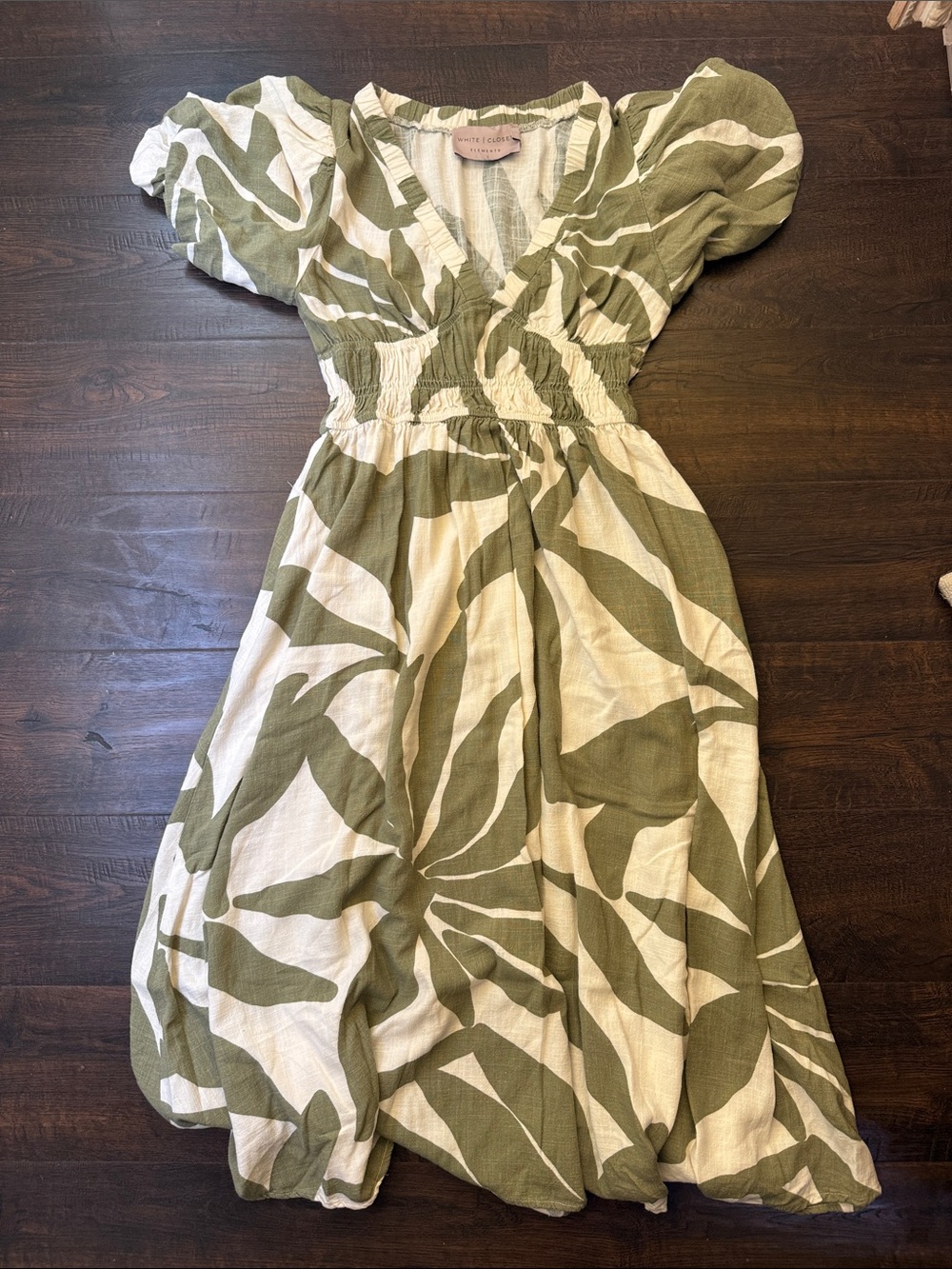 Olive & Cream Printed Puff-Sleeve Midi Dress